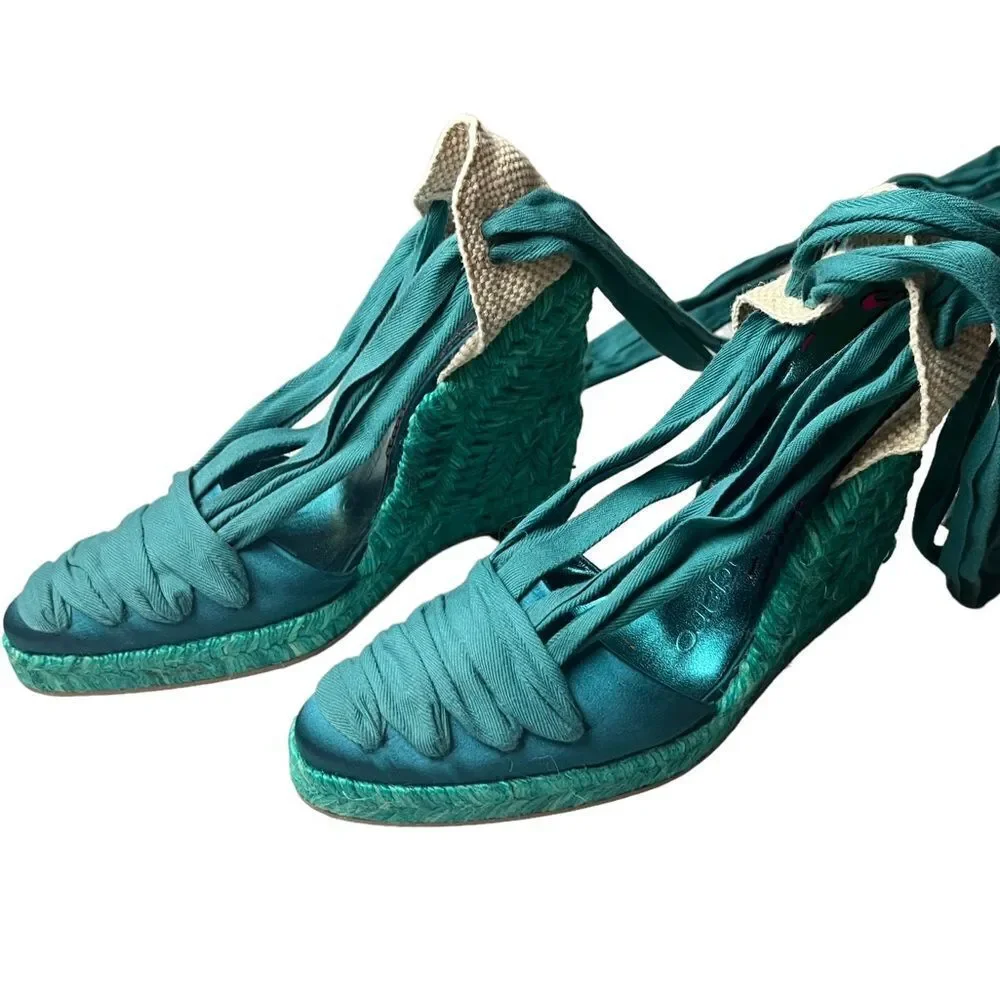 NWOT Emanuel Ungaro FAB Wedge Espadrilles in Teal Silk w/Sexy Lace-Up Design 8